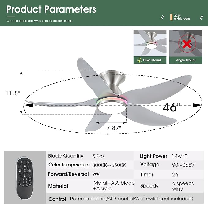 46" Ceiling Fans with Lights Remote/APP Control, Low Profile Ceiling Fans with Dimmable White Colors+Ring RGB Lights, 6 Speeds 5 Reversible Curved Blades for Kids Room Bedroom Living Room Bar, Nickel