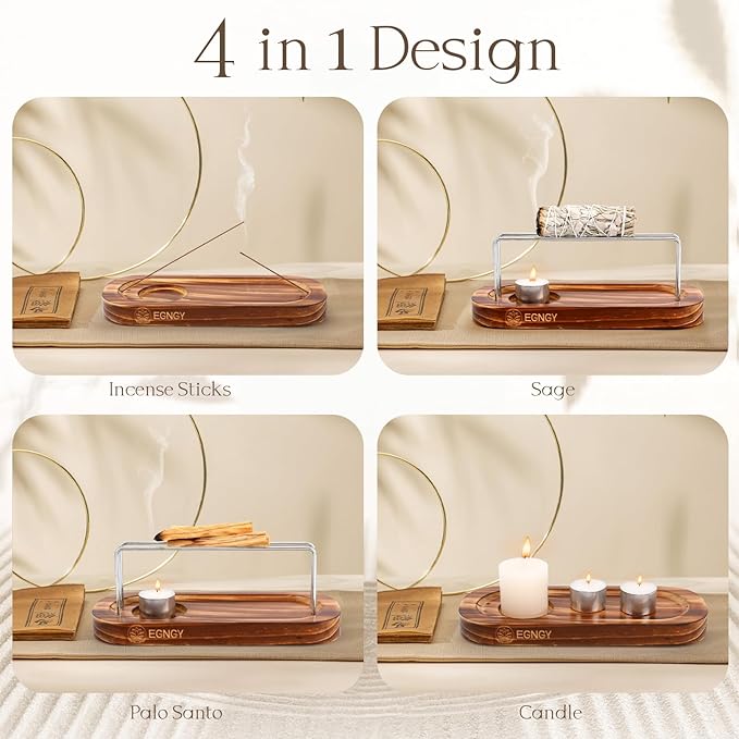 Handcrafted Palo Santo and Sage Holder, 4 in 1 Incense Sticks and Candle Holder for Burning Sage, Natural Wood Burner Holder, Ideal Spiritual Meditation Gift