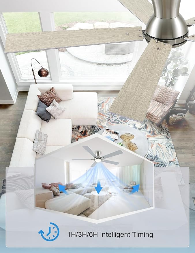 60 Inch Brushed Nickel Flush Mount Ceiling Fans with Lights, 3CCT Dimmable LED, 6-Speed Remote Control, Reversible Motor,Quiet Low Profile Energy-Efficient for Bedroom & Living Room,ETL Listed