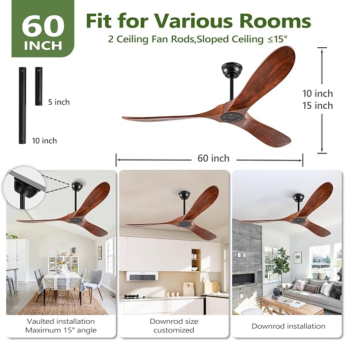 60 Inch Solid Wood Ceiling Fans No Lights Remote Control,Large Outdoor Real Wood Ceilings Fan Without Lights 3 Walnut Blades Craftmade Quiet for Patio Farmhouse Living Room Bedroom Office