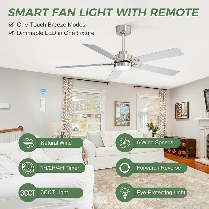 Ceiling Fans with LED Lights, 52 Inch 5-Blade Ceiling Fan Remote Control, Industrial Ceiling Fan with Reversible DC Motor, Downrod Mount LED Ceiling Light Chandelier for Bedroom (Satin Nickel)