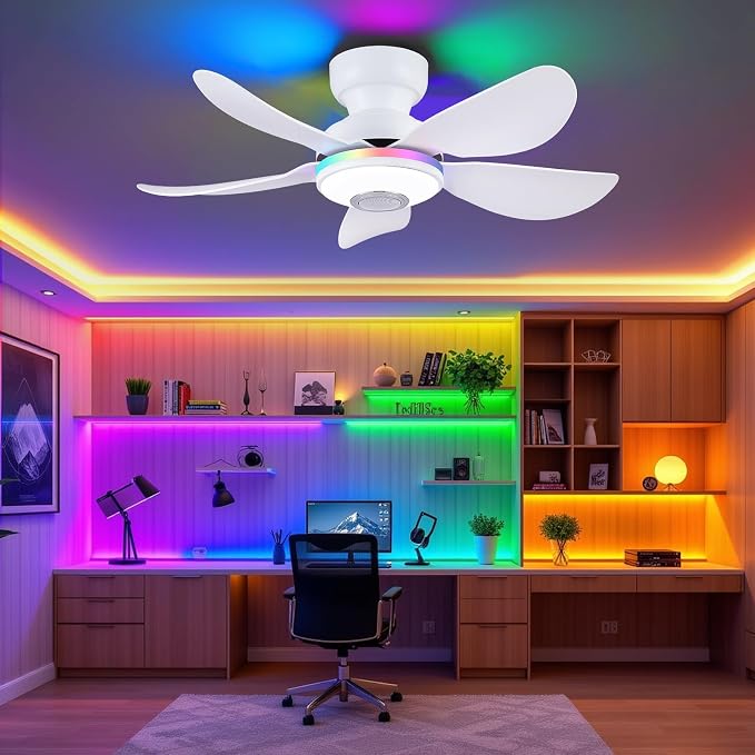 Kviflon 36 Inch White Ceiling Fan with Light, 5 Blades Flush Mount Fan with RGB & 3 CCT Dimmable Light, APP & Remote Control, Built-in Speaker, Reversible, 6 Speeds for Bedroom Living Room