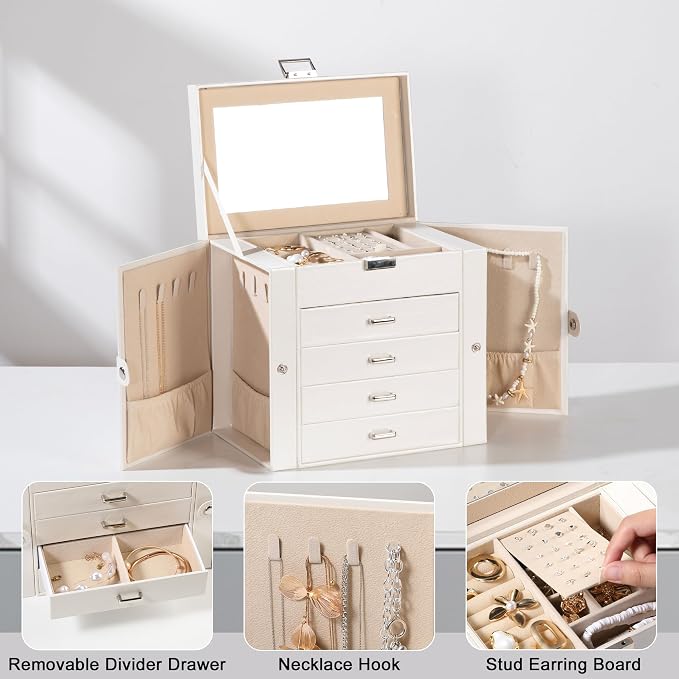 Frebeauty 5-Layer Jewelry Box for Women,Jewelry Organizer with 4 Drawers | Faux Leather,Built-in Mirror,Spacious Jewelry Storage,16 Necklace Hooks,Organizing by Category for Rings Earrings Bracelet