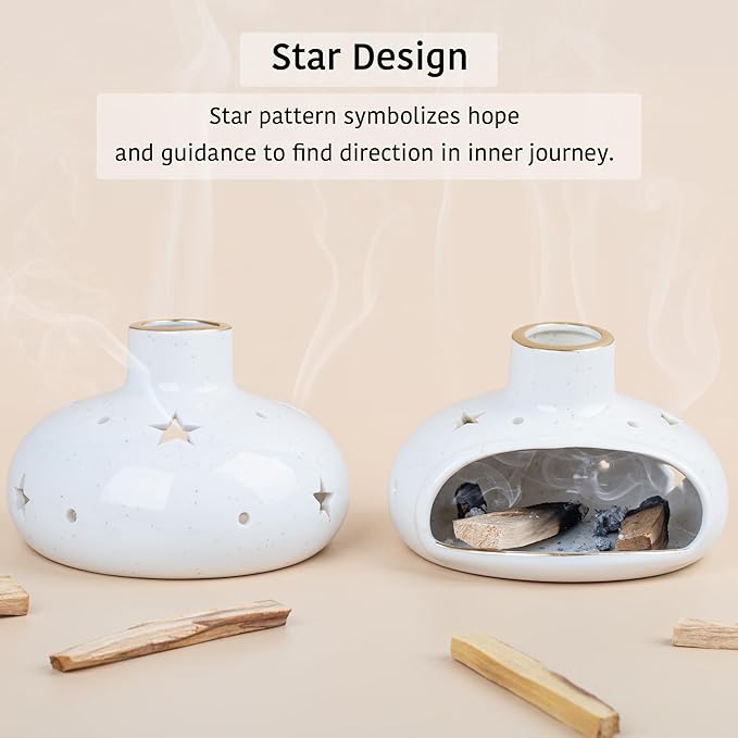 ZenBless 3 in 1 Incense Holder for Palo Santo Sticks Sage Incense, Handcrafted Ceramic Incense Burner Holder Ash Catcher with Chimney, Smudge Bowl for Yoga Meditation Room Home Decor