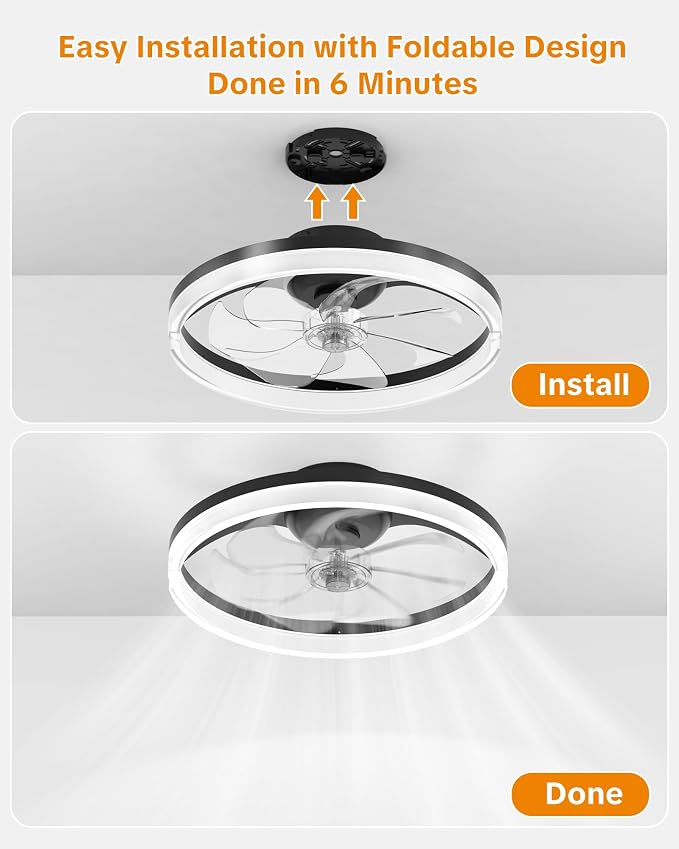 Ceiling Fans with Lights and Remote, Low Profile Ceiling Fan, Morden Flush Mount LED Fan Light, 3000K-6500K Dimmable for Bedroom, Kitchen, Living Room, Frosted, Black