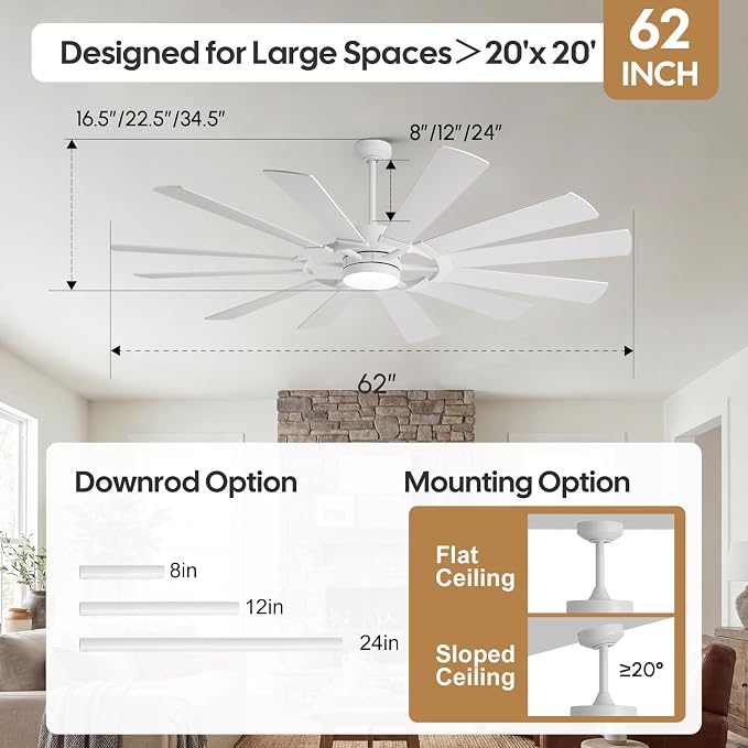 White Outdoor Ceiling Fan with Light and Remote 12-Blade, 62 Inch Modern Ceiling Fan with High CFM, Wind Mill Dual Color Blades, 3 Downrods, DC Motor for Patio Shop Garage Farmhouse Barn