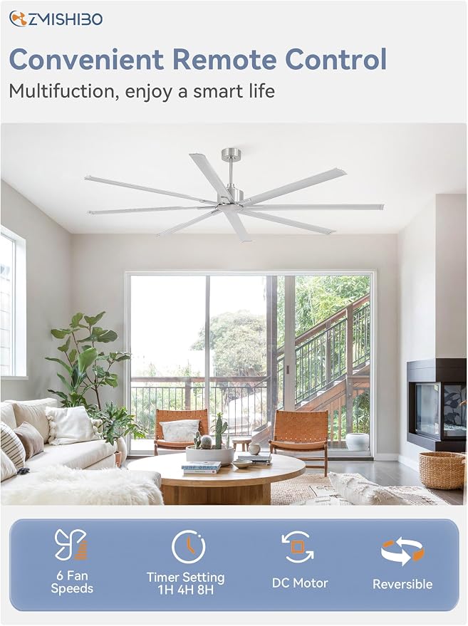 ZMISHIBO 96 Inch Ceiling Fans No Light, Large Industrial Ceiling Fan with 8 Aluminium Blades, Quiet DC Motor, 6 Speeds, Modern Ceiling Fan without Light for Garage/shop/living room,Nickel