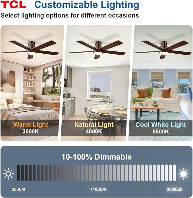 TCL Ceiling Fan with Light: Oil Rubbed Bronze Finish 5 Wood Grain Blade Low Profile Remote Control Flush Mount DC Reversible 3CCT Dimmable Noiseless Fan with Light for Indoor and Room