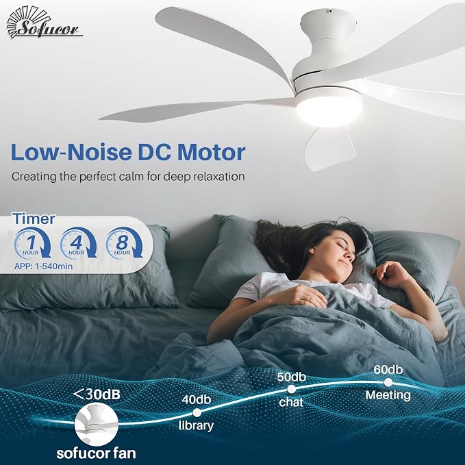 Sofucor Smart 52'' Low Profile Ceiling Fan with Lights and Remote, Flush Mount Ceiling Fan Work with APP/Alexa/Google for Modern Bedroom Living Room Patio, Dimmable LED Quiet Reversible DC Motor