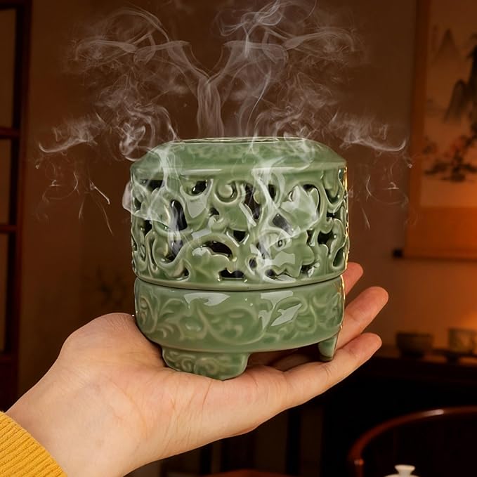Incense Burner with Lid, Ceramic Incense Holder for Stick Cones & Coils Incense with Burn Cotton for Home, Office, Yoga (Xiangyun Incense Burner)