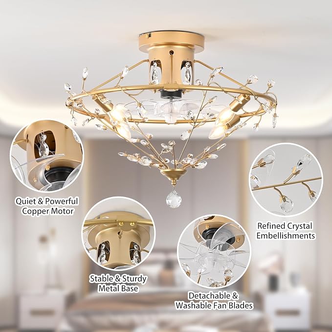 Ganeed 23.6 Inch Gold Crystal Fandelier Ceiling Fan with Light, Chandelier Ceiling Fan with Lights Remote Control, Modern Crystal Fandelier 6 Speeds for Girl's Bedroom Nursery Living Room Kitchen