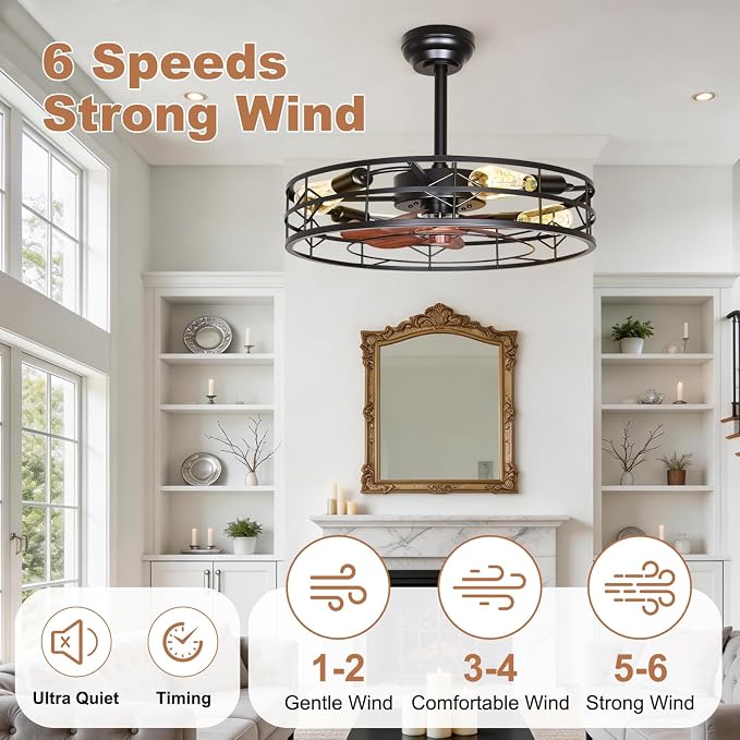 TCL 24 Inch Caged Ceiling Fan with Light and Remote, Low Profile Flush Mount Fandelier, Rustic Farmhouse Style Ceiling Fans for Bedroom, Kitchen, Easy to Install