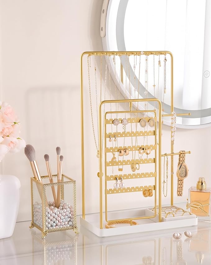 ProCase Jewelry Stand Holder Organizer and Storage, Gold, Large | Rotating Earring Bracelet Holder Storage, Hanging Jewelry Display Velvet Ring Tray, Teen Girls Birthday Gifts Room Dorm Decor