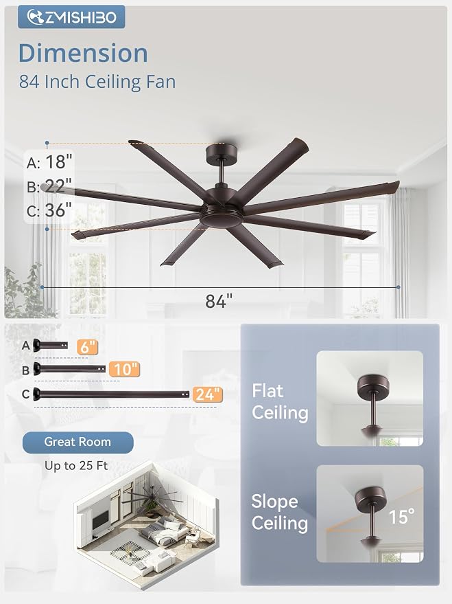ZMISHIBO 84" Large Industrial Ceiling Fans No light with Aluminum 8 Blades, Commercial Ceiling Fan without Light,Quiet DC Motor, 6 Speeds, Indoor Outdoor Ceiling Fan for Patio,Garage,Shop, Oil Bronze