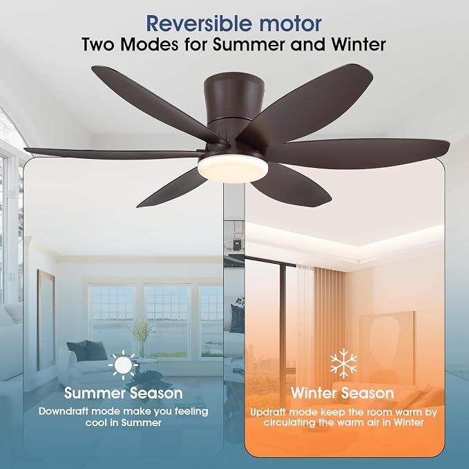 Surtime 48In Ceiling Fans with Light and Remote/APP Control, 6-Blade Reversible Motor Ceiling Fan, 3-Color Dimmable Lighting, All-Brown Finish