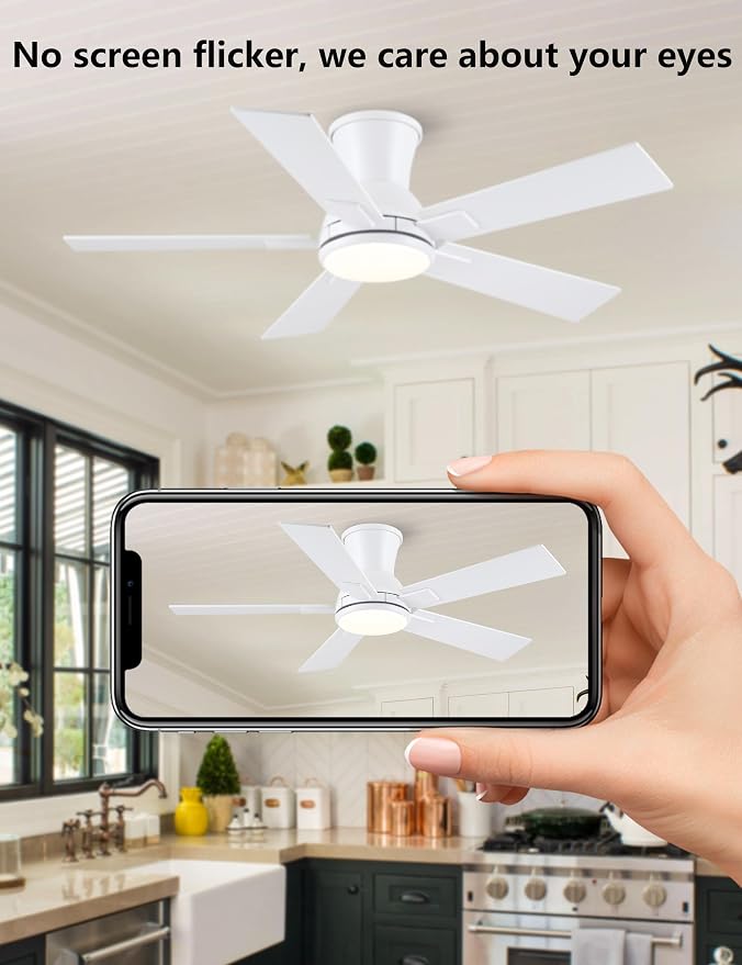 Modern Ceiling Fans with Lights - 42" Low Profile Ceiling Fan with Light and Remote, Flush Mount Reversible DC Motor, 6-Speed Quiet LED Dimmable for Bedroom, Indoor and Outdoor, Patios White