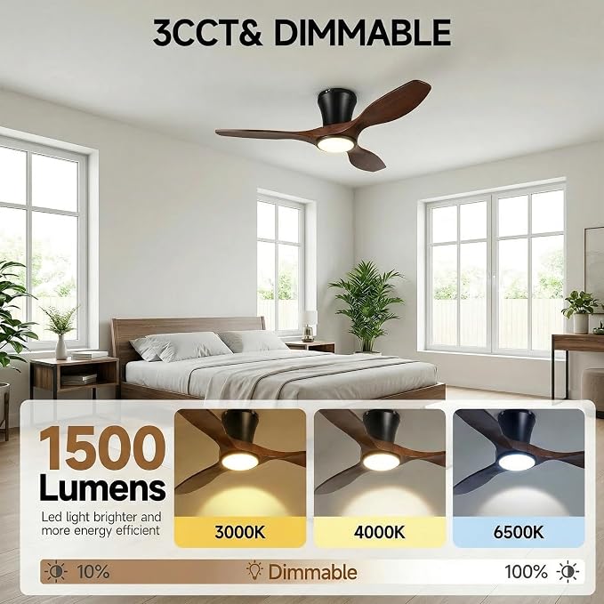 Skylike 42" Flush Mount Wood Ceiling Fan with Lights, 3 Blade Low Profile Farmhouse Ceiling Fan with Remote Control,Quiet Indoor/Outdoor Dark Walnut Ceiling Fan for Patio,Gazebo, Balcony, Living Room