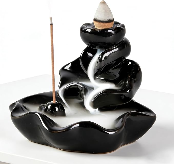 Waterfall Incense Burner, Backflow Incense Holder Lotus Ceramic Censer Cones Sticks Porcelain Holder for Aromatherapy Cones Relaxation, Purification, Meditation, Yoga