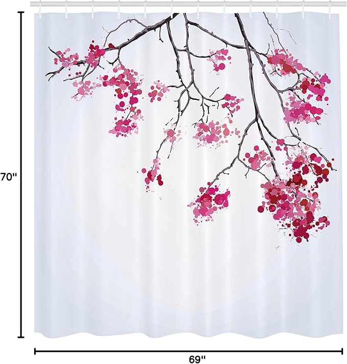 Ambesonne Japanese Shower Curtain, Cherry Blossom Sakura Tree Floral Branch Spring Season Theme Image, Cloth Fabric Bathroom Decor Set with Hooks, 69" W x 70" L, Dimgray Black