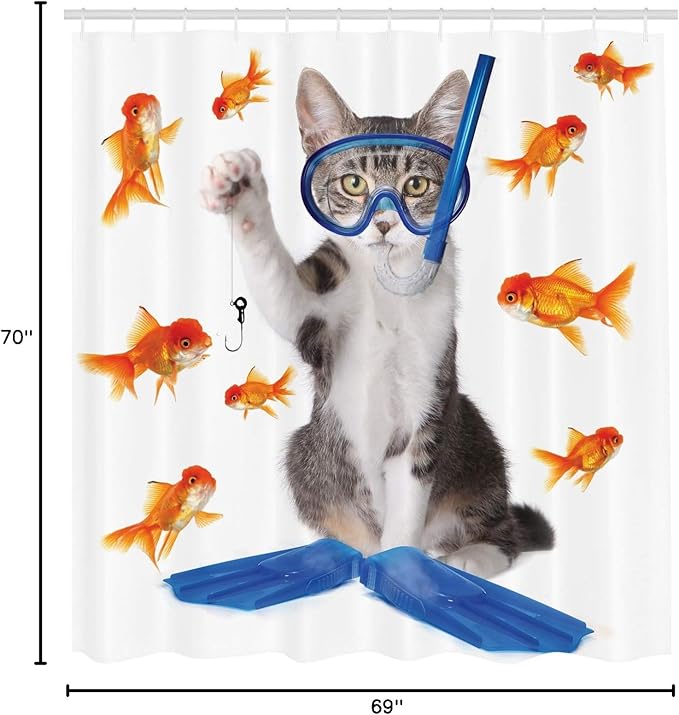Ambesonne Cat Shower Curtain, Modern Spin on The Term Fishing Curiosity Goldfish Hunting Humorous Art, Cloth Fabric Bathroom Decor Set with Hooks, 69" W x 70" L, Blue Orange