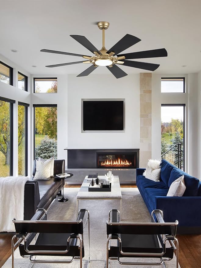 60" Black and Gold Ceiling Fan with Lights and Remote, LargeFandelier Ceiling Fan Modern Chandelier 3CCT LED Light for Living Room Indoor Porch, Reversible Quiet DC Motor 6 Speeds