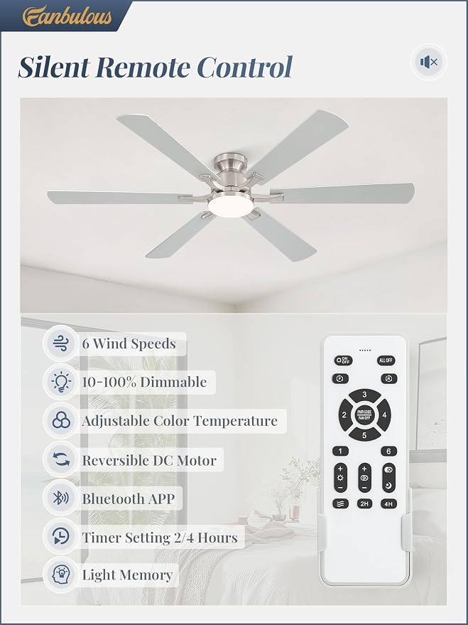 Fanbulous 60 Inch Ceiling Fan with Lights, APP & Remote Control, Flush Mount Low Profile Brushed Nickel Ceiling Fan, 3000-6000K Dimmable LED, Quiet Reversible Motor, 6 Speeds, for Living Room Bedroom
