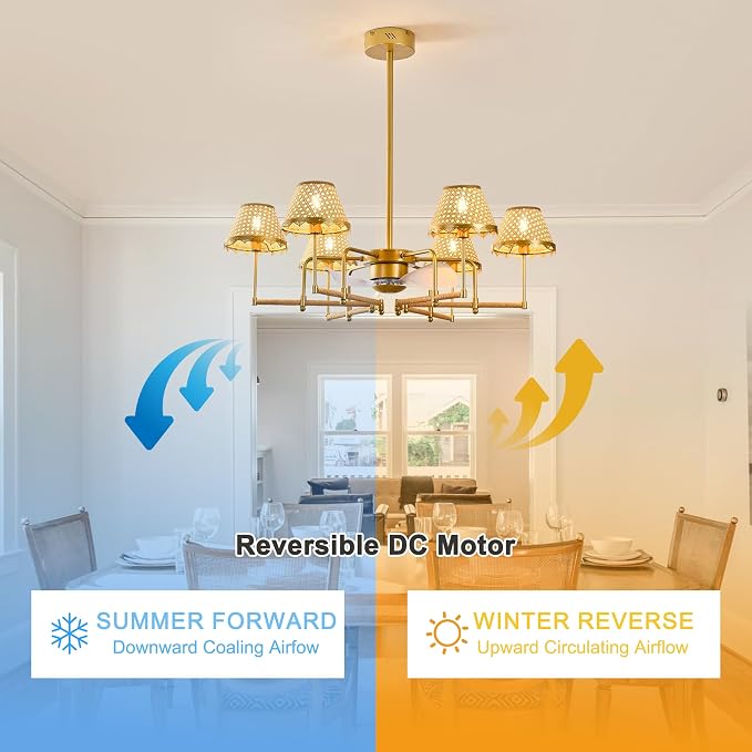 Garwarm Ceiling Fans with Lights,Boho Rattan Fandelier Ceiling Fan with Lights,Chandelier Ceiling Fan Remote Control for Kitchen Island Dining Living Room Nursery