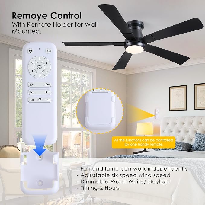 Hounberi 52" Flush Mount Ceiling Fan with Lights and Remote, Modern Black Low Profile Ceiling Fan, Quiet Reversible DC Motor, 3CCT Dimmable LED, Ideal for Bedroom, Living Room and Low Ceilings, Black