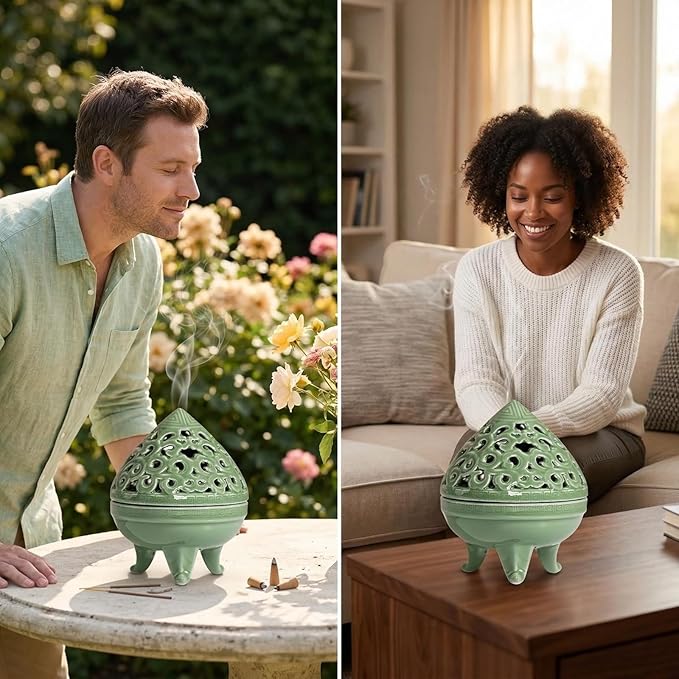 Mini Ceramic Incense Burner - Chinese Classic Plum Green Celadon Glaze, Fragrance Cone & Stick Holder Palo Santo/Sage/Herb Burner for Meditation, Yoga, Desk Decor, Zen Relaxation Gift (Cloud-B)