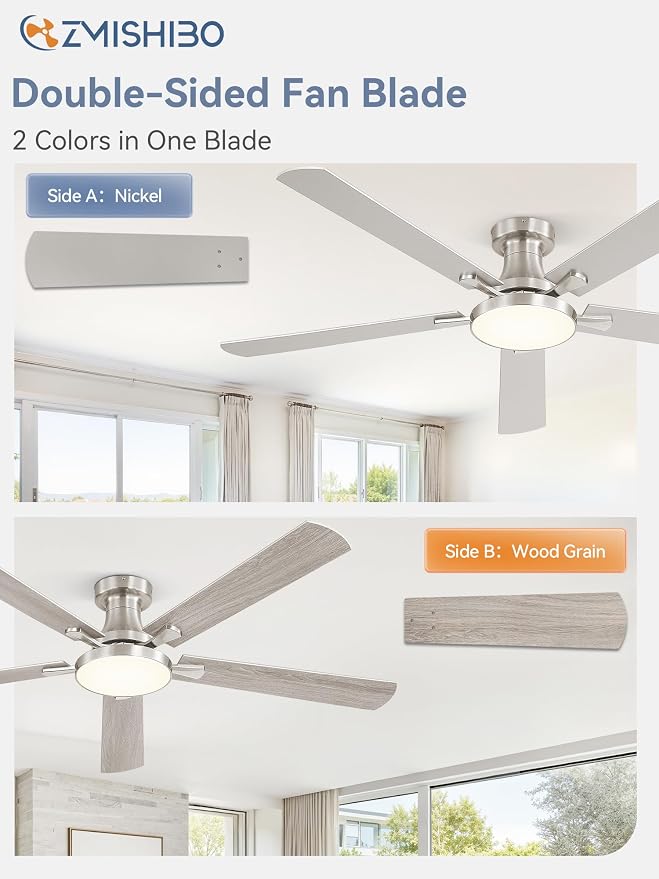 ZMISHIBO 60 Inch Flush Mount Ceiling Fan with Light, Remote&APP, Nickel | 6-Speed Quiet DC Motor, Dimmable 24W LED with 3CCT (3000K-6500K), Modern Low Profile for Living Room, Bedroom, Kitchen
