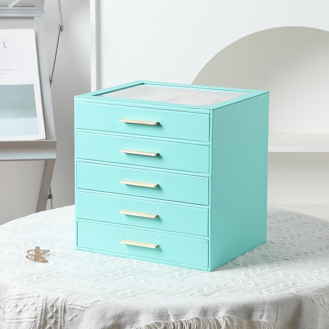Frebeauty Jewelry Box for Women,Clear Lid Jewelry Organizer with 5 Drawers | Faux Leather,Velvet Lining,5-Layer Large Capacity,Jewelry Storage for Rings Earrings,Dustproof Design,Golden Stylish Handle