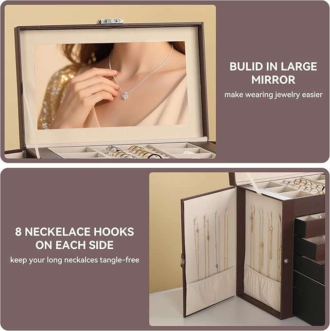 Frebeauty 6-Layer Jewelry Box for Women,Large Jewelry Organizer with Drawer | Faux Leather,Built-in Mirror,Spacious Jewelry Storage,16 Necklace Hooks,Organizing by Category for Rings Earrings Bracelet