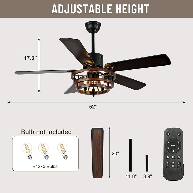 52" Adjustable Wood Grain Iron Cage Ceiling Fans with Lights | Industrial Farmhouse Ceiling Fan with 5 Reversible Dual-Color Blades,DC Quiet Motor,6 Speeds,Timer for Bedroom Living Room