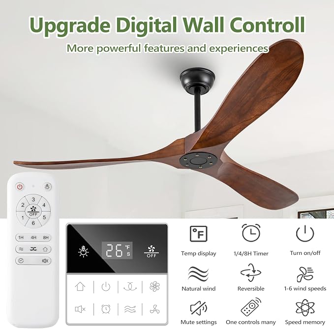 60 Inch Solid Wood Ceiling Fans No Lights Remote Control,Large Outdoor Real Wood Ceilings Fan Without Lights 3 Walnut Blades Craftmade Quiet for Patio Farmhouse Living Room Bedroom Office