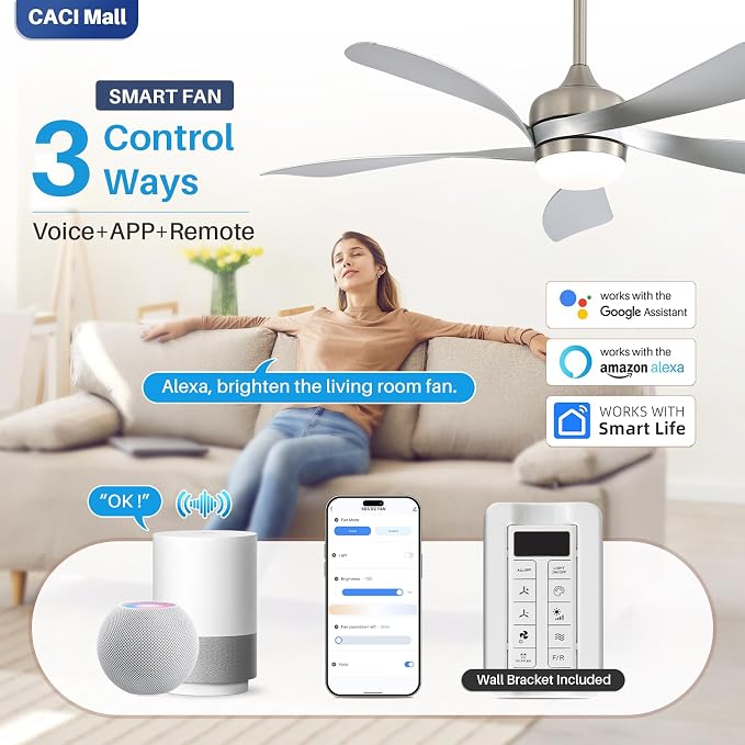 CACI Mall 52 inch Smart Ceiling Fan with Lights, Remote Control, Compatible with Alexa/Google/App, 5 Blades, Dimmable Lighting, Quiet, Indoor/Outdoor Ceiling Fans for Living Room, Bedroom, Patios