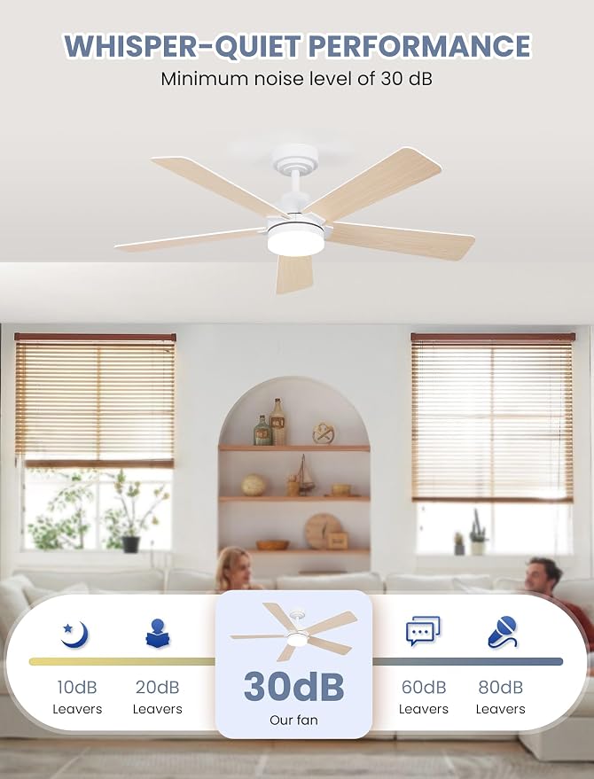 48 Inch Ceiling Fan with Lights and Remote, Downrod Mount, Sloped Ceiling Compatible up to 15°, Quiet Reversible DC Motor, 3CCT Dimmable LED, White Ceiling Fan for Bedroom Living Room