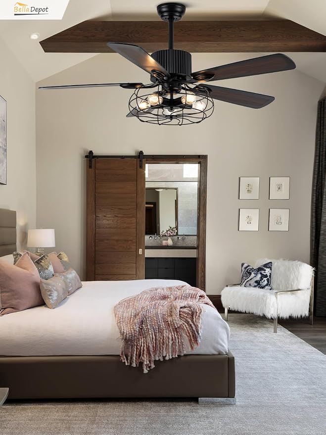 Bella Depot 52" Industrial Ceiling Fan Farmhouse Caged Chandelier Fan with Light Remote Vintage Rustic Indoor Fandelier with Silent Motor for Dining Living Room Bedroom Porch Outdoor (Coffee)