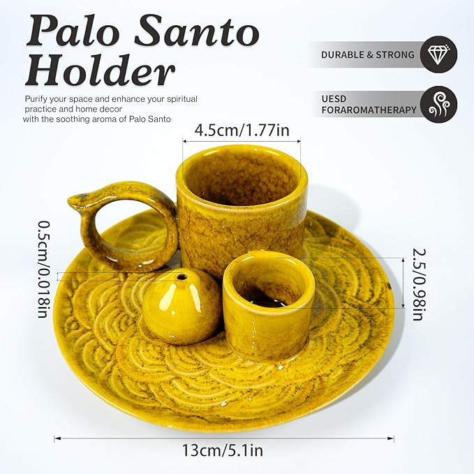 MOUGIGI 5.1-Inch 5-in-1 Yellow Ceramic Incense Holder - Fits Palo Santo, Sage, Incense Sticks/Cones, Small Candle, Smudge Burning Tray.Zen Altar for Meditation/Yoga, Aromatic Scents, Matches Friendly