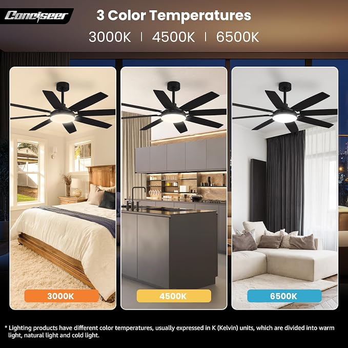 Conciseer Modern 65 Inch Ceiling Fans with Lights and Remote for Living Room Home Office Indoor/Outdoor,3CCT LED 36W, Dual Color 8 Blades 6 Speed Reversible Quiet DC Motor, Black/Wood Grain