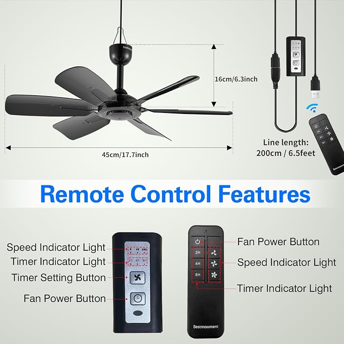 17.7" Inch Portable Ceiling Fan with Remote Control Timing 3 Speed,USB Plug In,5V DC Powered,6 Blades,Indoor/Outdoor RV Camping Tent Canopy,Gazebo,Beach,Hanging,Quiet,black