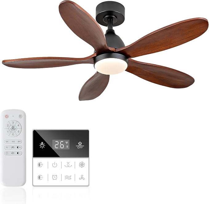 42 Inch Solid Wood Ceiling Fans With Lights, Remote Control, Dimmable, Reversible, Wood Blades, Power-Off Memory, Quiet DC Motor, Indoor/Oudoor Ceiling Fan with Light for Patio