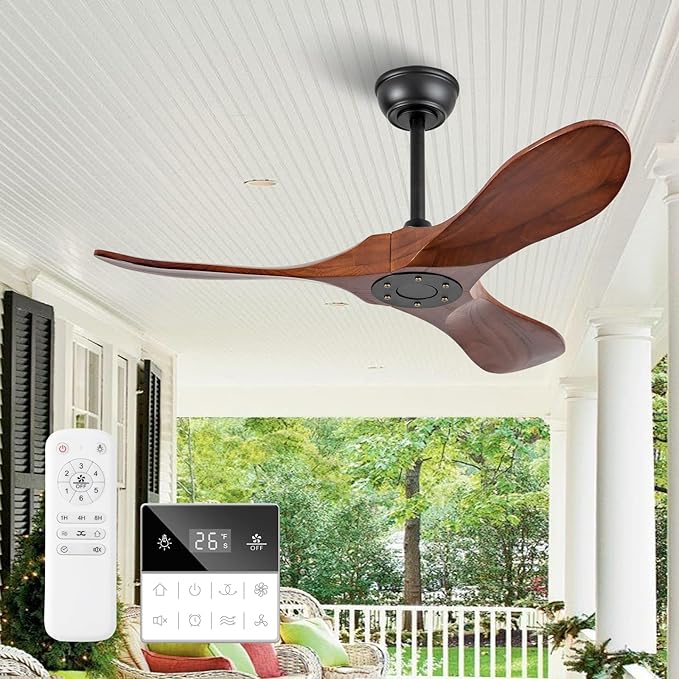 42 Inch Small Wooden Ceiling Fan Without Lights, 3 Blade Propeller, Remote Control, Walnut Finish, Indoor/Outdoor, Living Room, Bedroom, Porch, Farmhouse