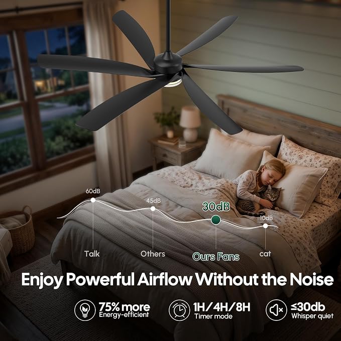 64 inch Smart Ceiling Fan with Light, Alexa/APP/Wifi/Remote Control, Large 6 Black Blades, High Airflow Quiet Reversible DC Motor, Indoor Outdoor Fans for Covered Patios, Gazebo, Deck, 3 Downrods