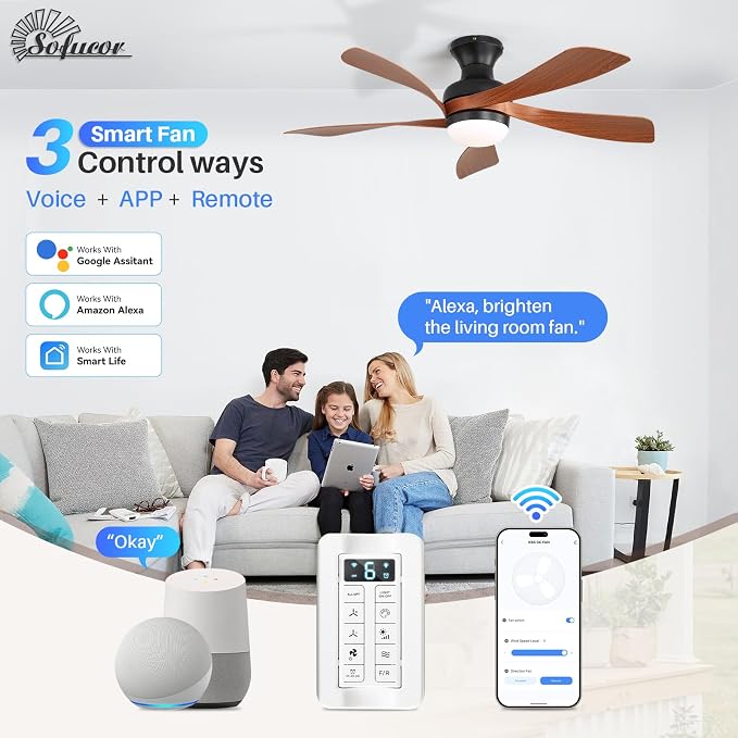 Sofucor Smart 42'' Low Profile Ceiling Fan with Lights and Remote, Flush Mount Ceiling Fan Work with APP/Alexa/Google for Farmhouse Bedroom Living Room Patio, Dimmable LED Quiet Reversible DC Motor