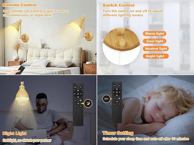 GOODATE 2 Pack Plug in Wall Sconces with Remote Control, Dimming, Adjustable Colors 2700K-6500K, Swing Arm Wall Lamps with Night Light & Timer, Plug-in or Hardwired, LED Bulbs Included, Oak Finish
