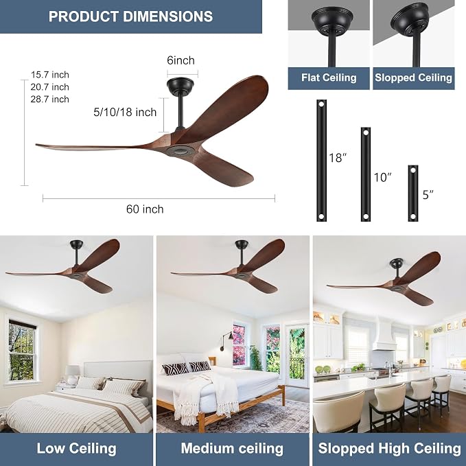 60'' Outdoor Ceiling Fans without Light,3 Solid Wood Blades with DC Silent and Large Airflow,Modern Ceiling Fan for Bedroom,Living Room,Porch (dark walnut)