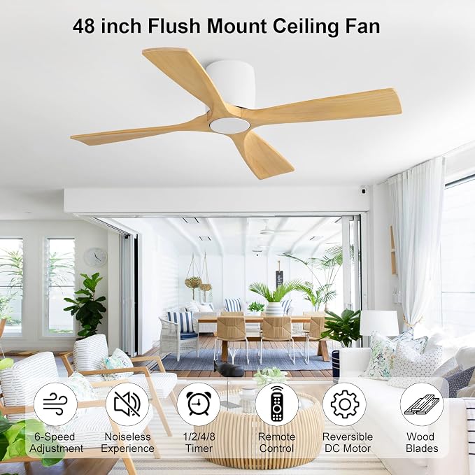 WINGBO 48 Inch Ceiling Fan Without Light, Solid Wood Flush Mount Ceiling Fan with Remote Control, Reversible DC Motor, 4 Blades, 6-Speed Quiet Performance, for Bedroom & Living Room, White+Light Wood