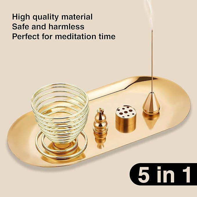 Palo Santo Holder and Sage Burner for Smudging, 5-in-1 Brass Incense Holder for Sticks Cones Coils, 6.9" Extended Ash Catcher Tray for Meditation Yoga, Gift for Spiritual Room Decor