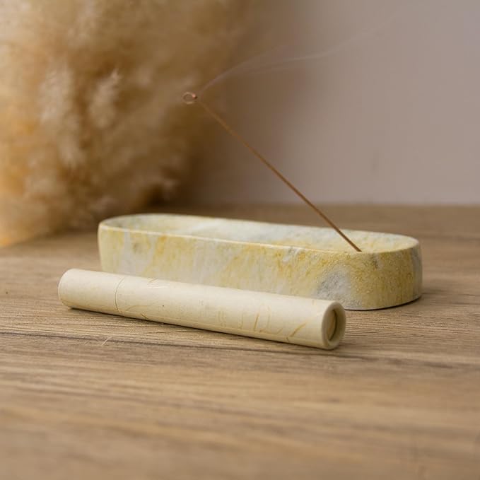 Marble-Patterned Concrete Incense Holder, with A Box of Jasmine Incense, 7.1 Inch Catches Falling Incense Ash, A Poetic and Artistic Gift for Yoga＆Meditation(GreenYellow)
