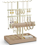 VLANDO 3 Tier Jewelry Stand Organizer with Tary, Leather Jewelry Holder Display for Women, Gold Jewlery Holder Display for Necklace, Earring, Bracelet, Rings - Toffee